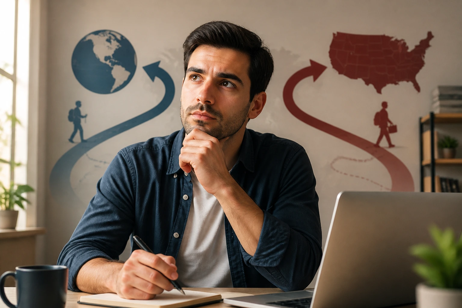 Person at desk in home office considering visa paths with abstract arrows behind