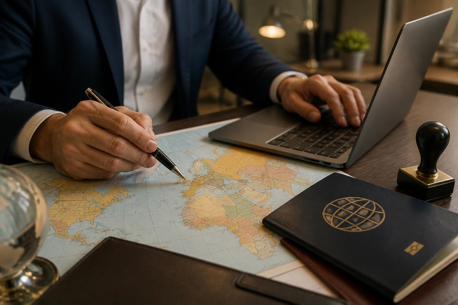 Hands of an actuary at a desk with laptop and world map