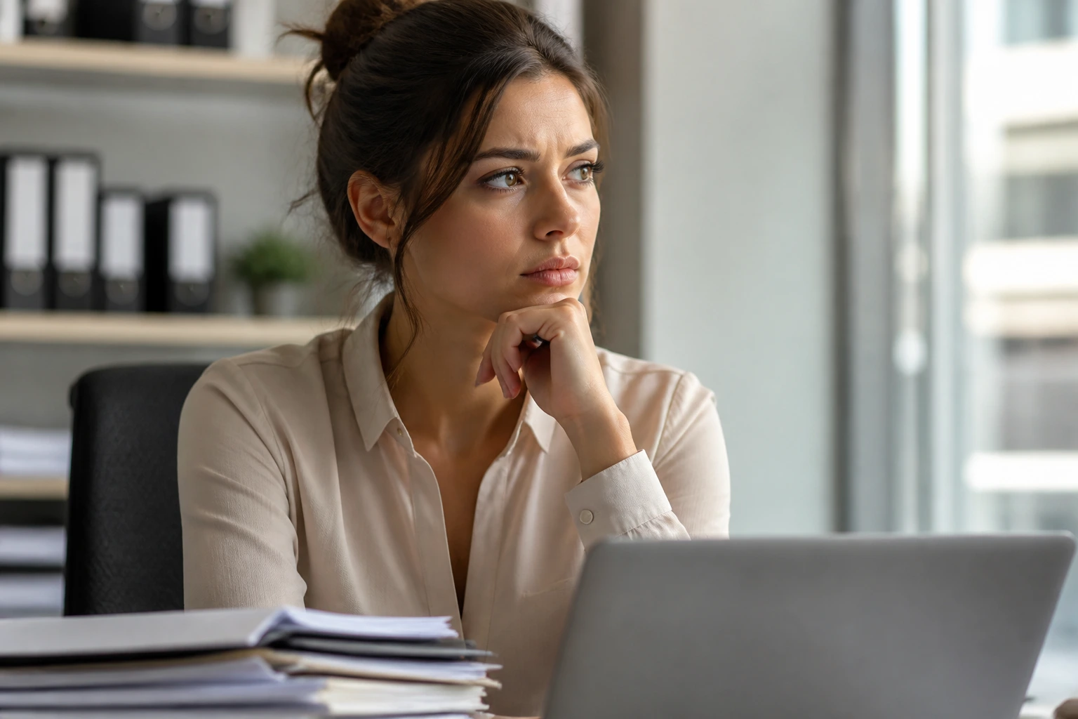 Close-up of an admin professional in a modern UK office pondering sponsorship realities.