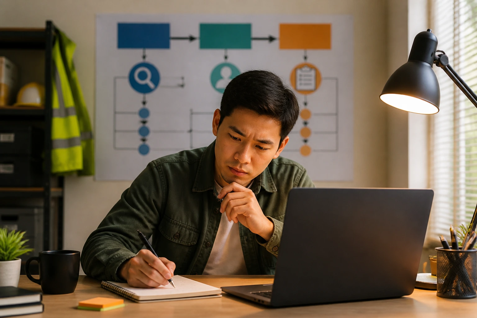 Applicant planning a sponsorship-focused job search at a desk with laptop and planner.
