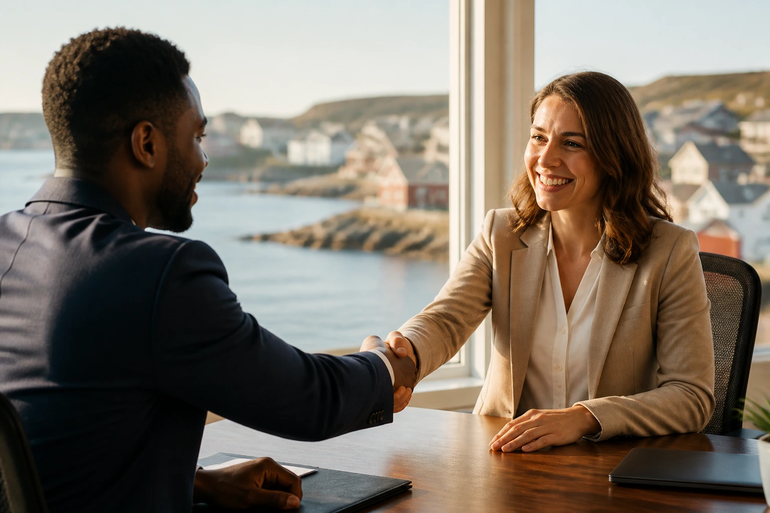 Close-up of two professionals shaking hands in an office representing visa sponsorship in the Atlantic context