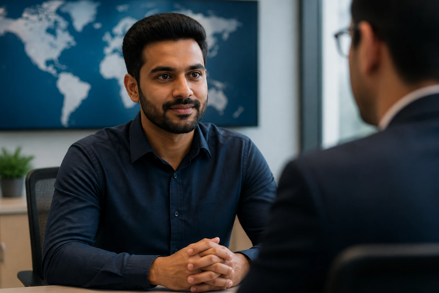 Portrait of IT professional in interview setting representing TSS visa sponsorship