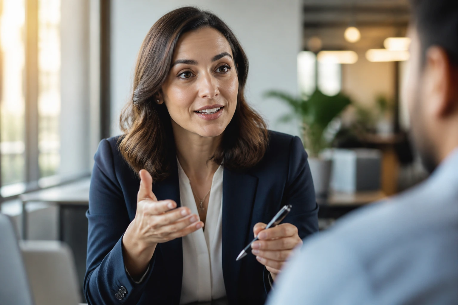 Close-up portrait of a professional discussing employer-sponsored visa subclasses in an office.