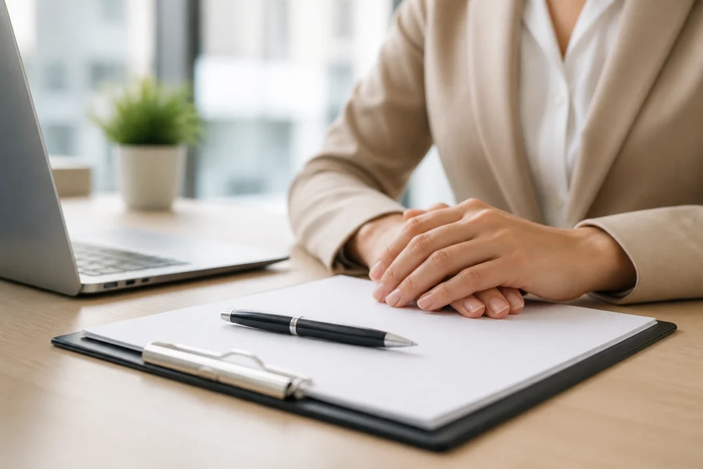 Hands on a blank contract in an office setting