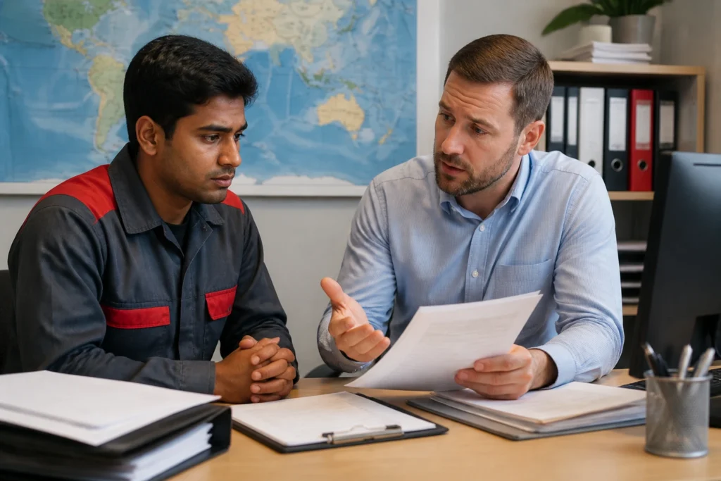 Foreign worker and supervisor discuss sponsorship in a back-office