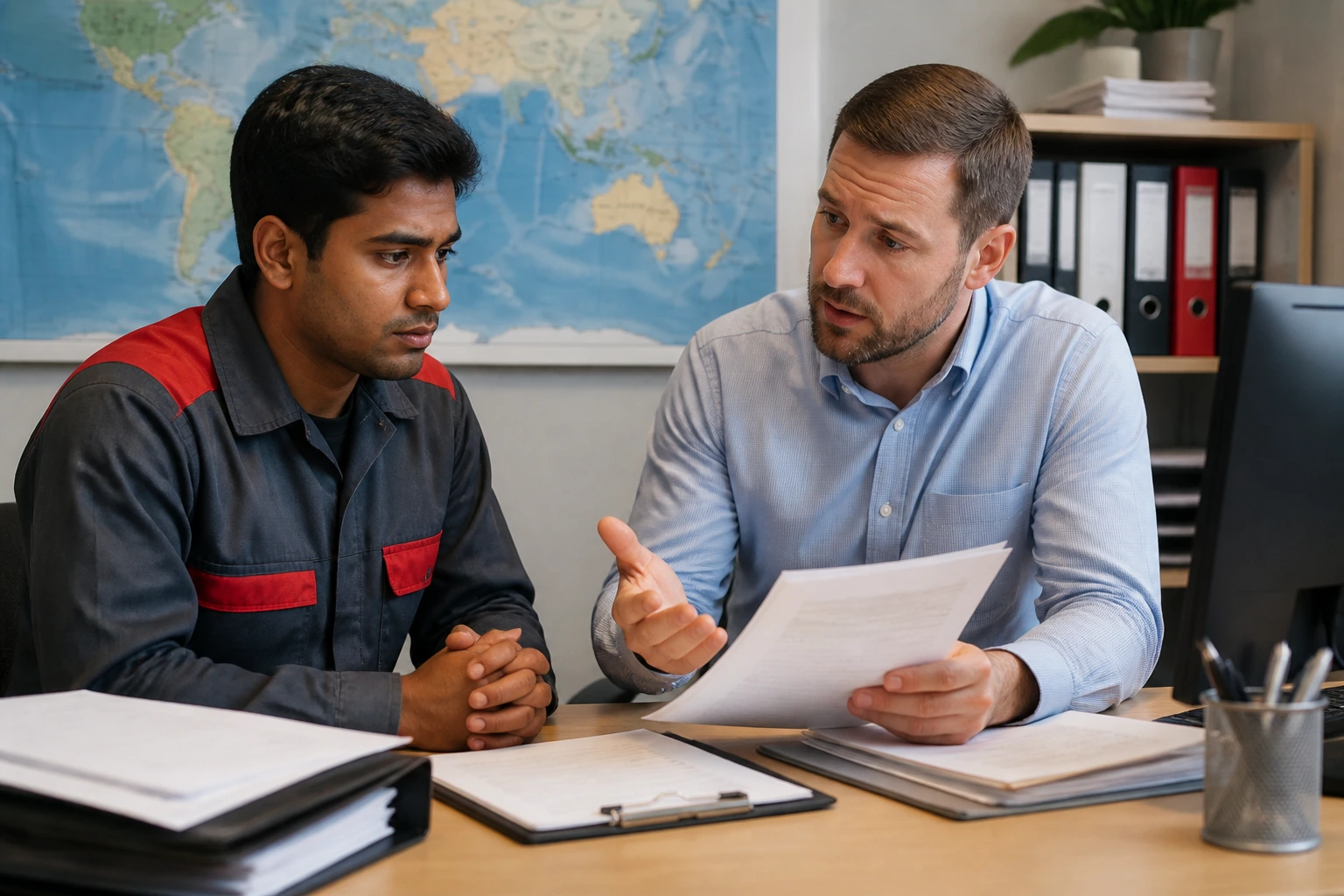 Foreign worker and supervisor discuss sponsorship in a back-office