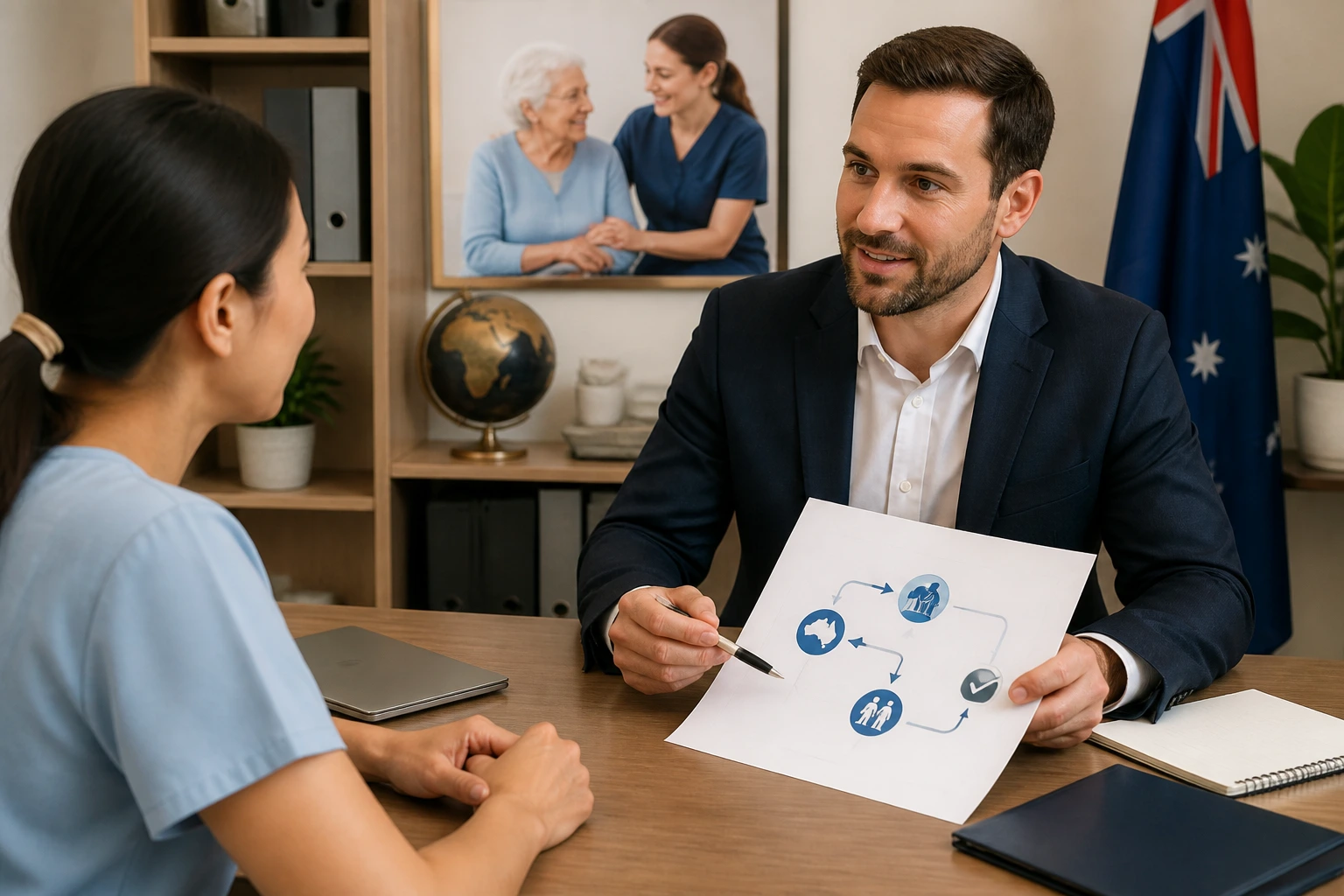 Recruiter discussing visa sponsorship with candidate in an office
