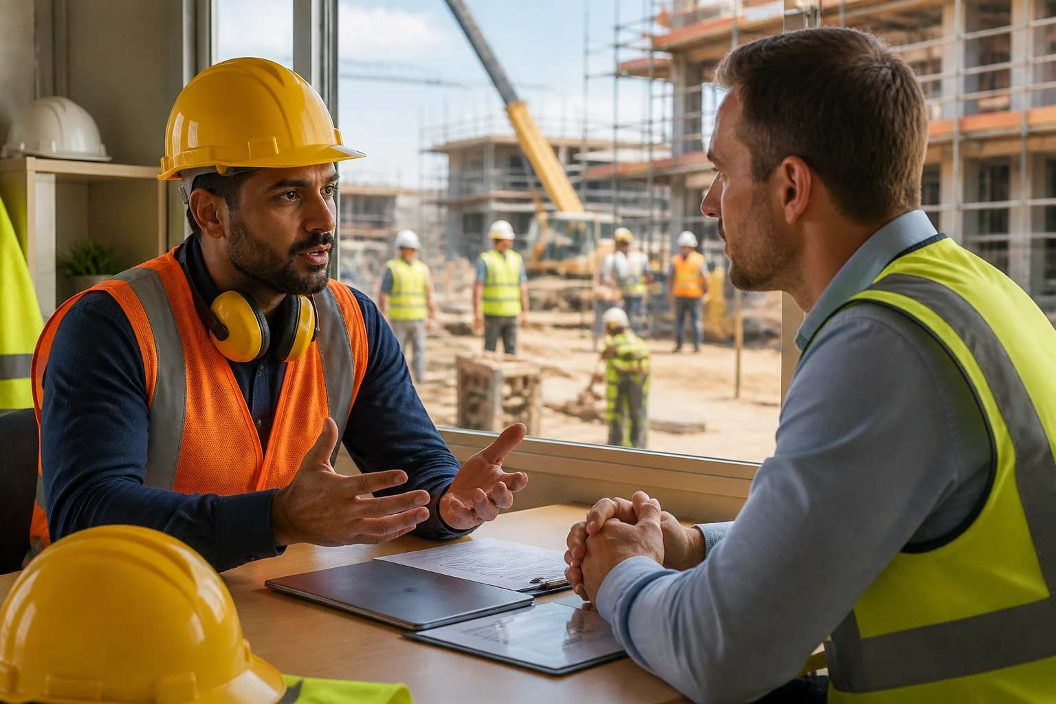 Medium shot of a foreign worker and recruiter discussing sponsorship in a site office