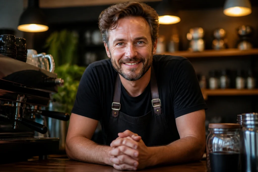 Cafe owner behind the counter discussing sponsorship in cafe