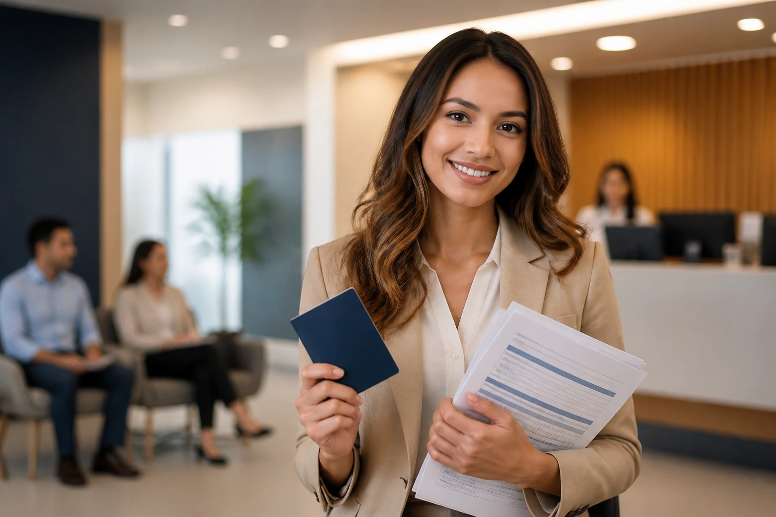 Close-up portrait of a candidate in a modern office holding a passport, representing visa routes for sponsored contact centre staff