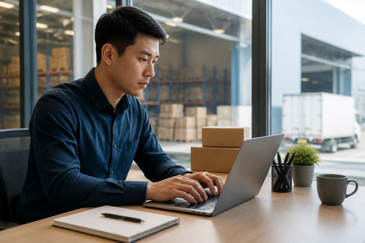 Job seeker at desk researching warehouse jobs with visa sponsorship