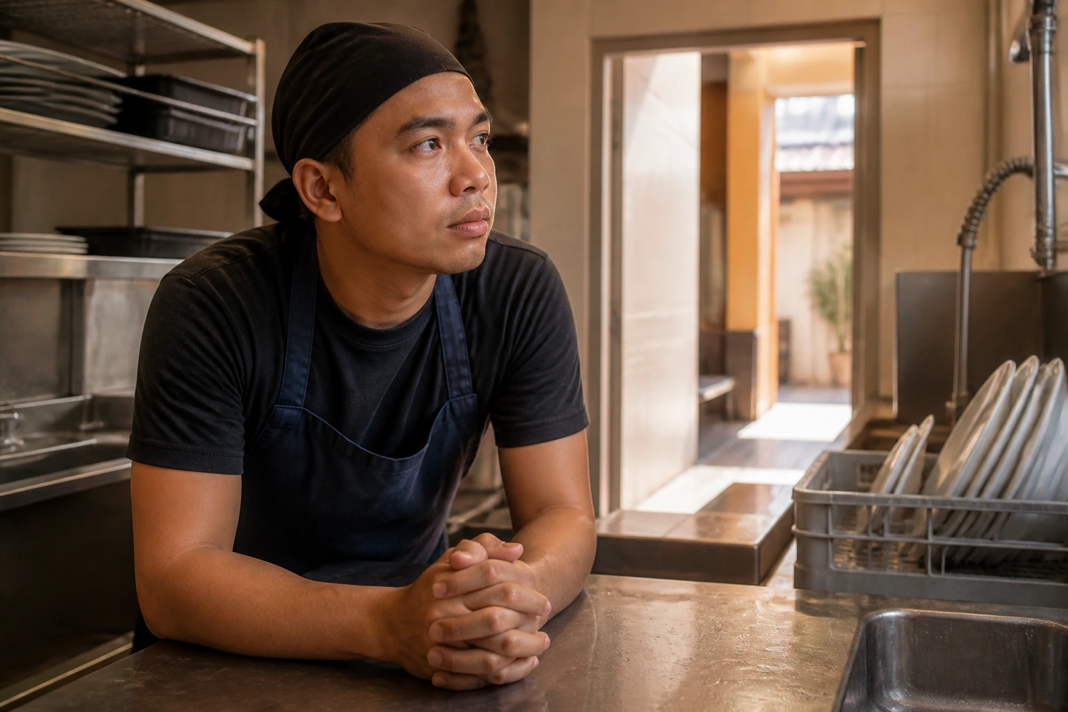 Real person in kitchen contemplating visa pathways related to dishwashing roles