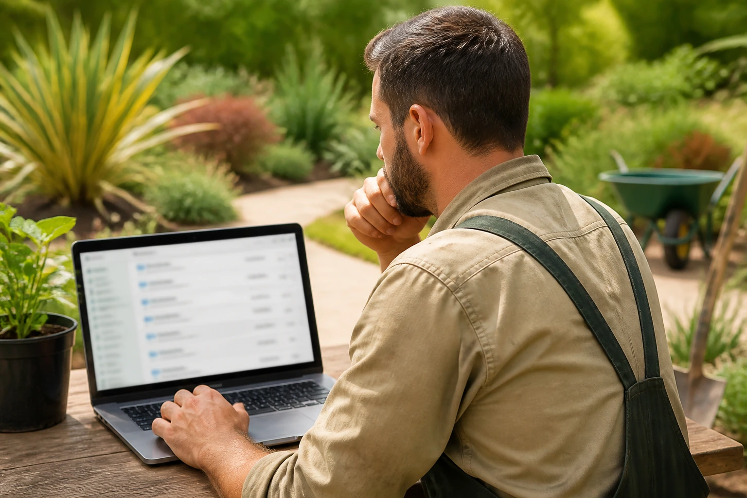 Person browsing job listings on a laptop in a garden with blurred screen