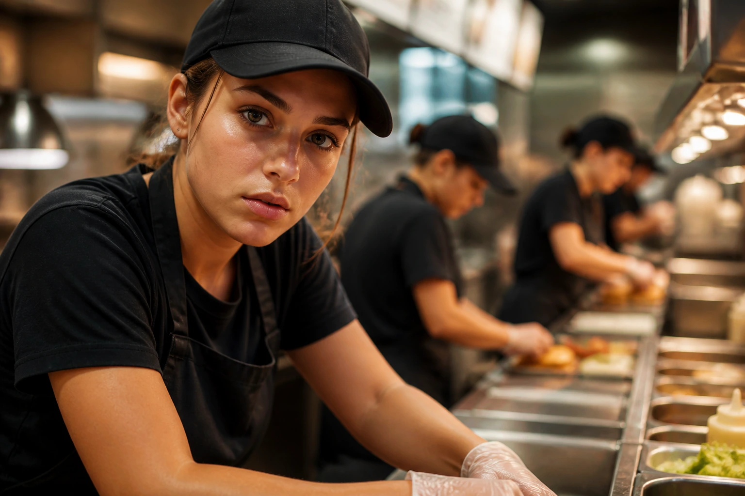 Portrait of a QSR crew member showing determination in a busy kitchen