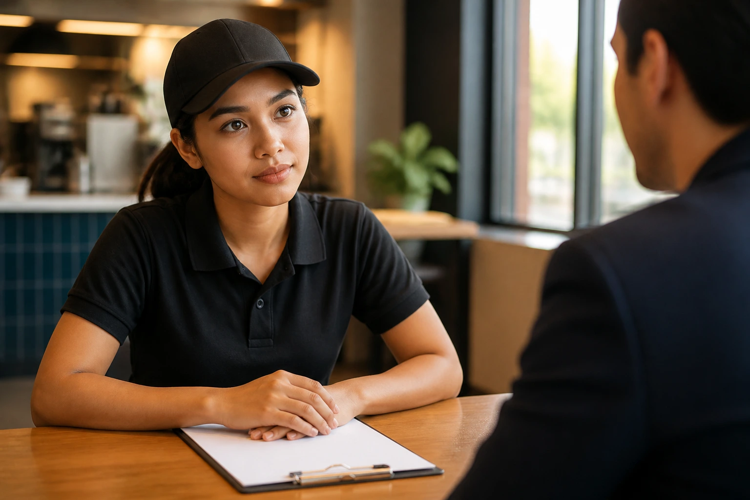 Close-up portrait of a job applicant in a cafe interview setting representing visa sponsorship concepts