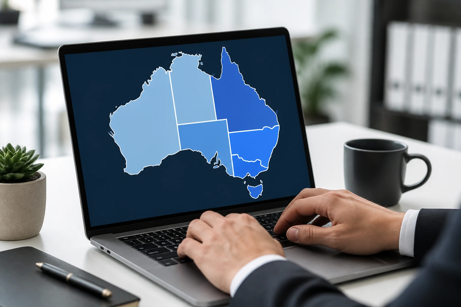 Hands typing on a laptop with an abstract map of Australia on screen in a bright office