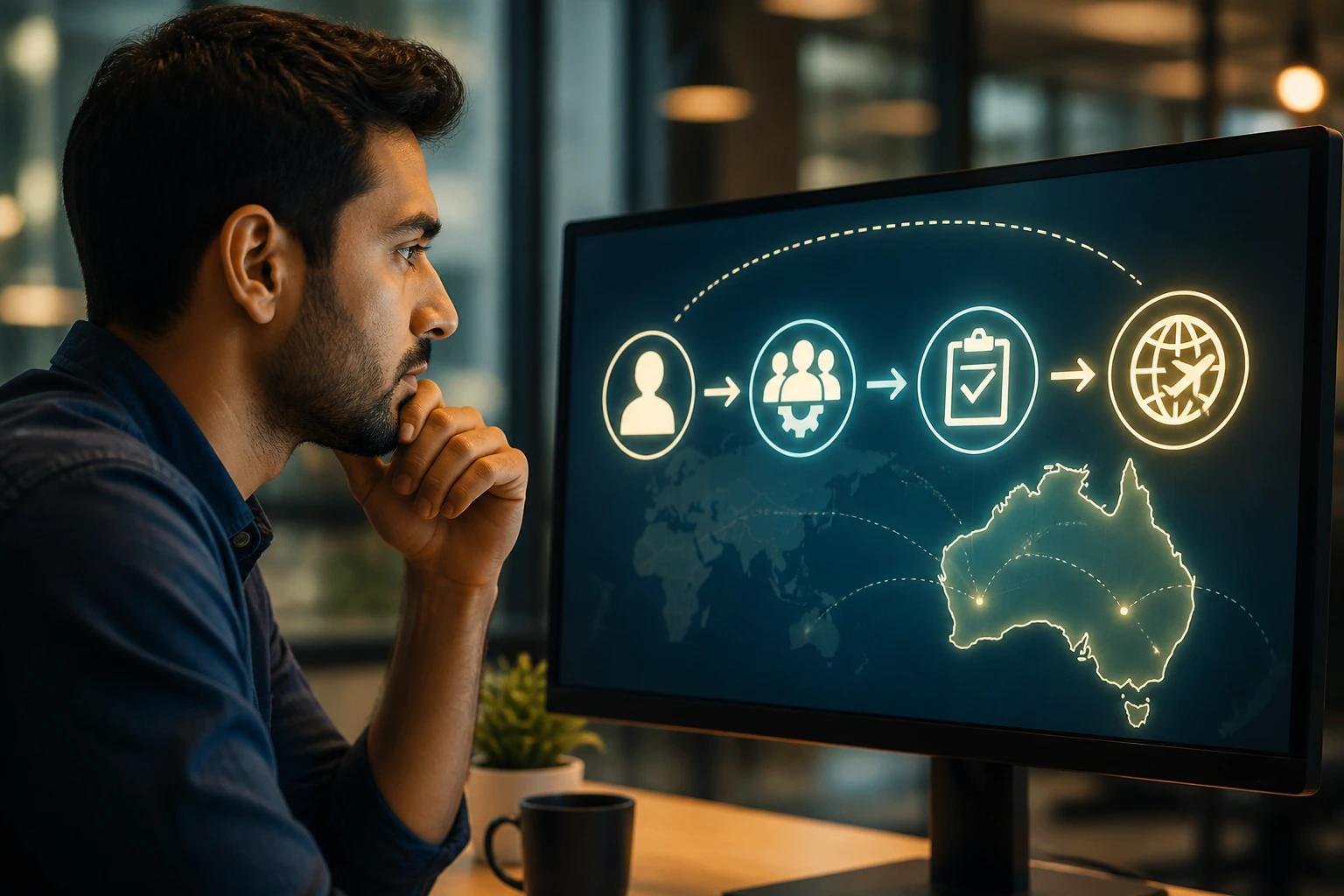 Close-up portrait of a professional looking at a monitor with abstract sponsorship icons.