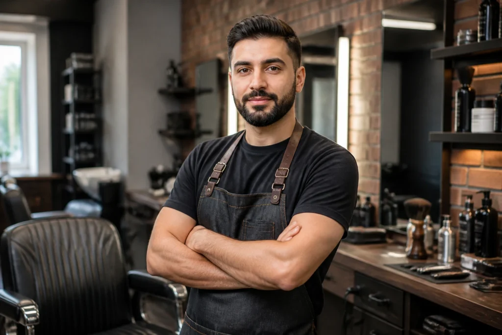 Barber in modern salon portraying visa sponsorship concept with calm professional look
