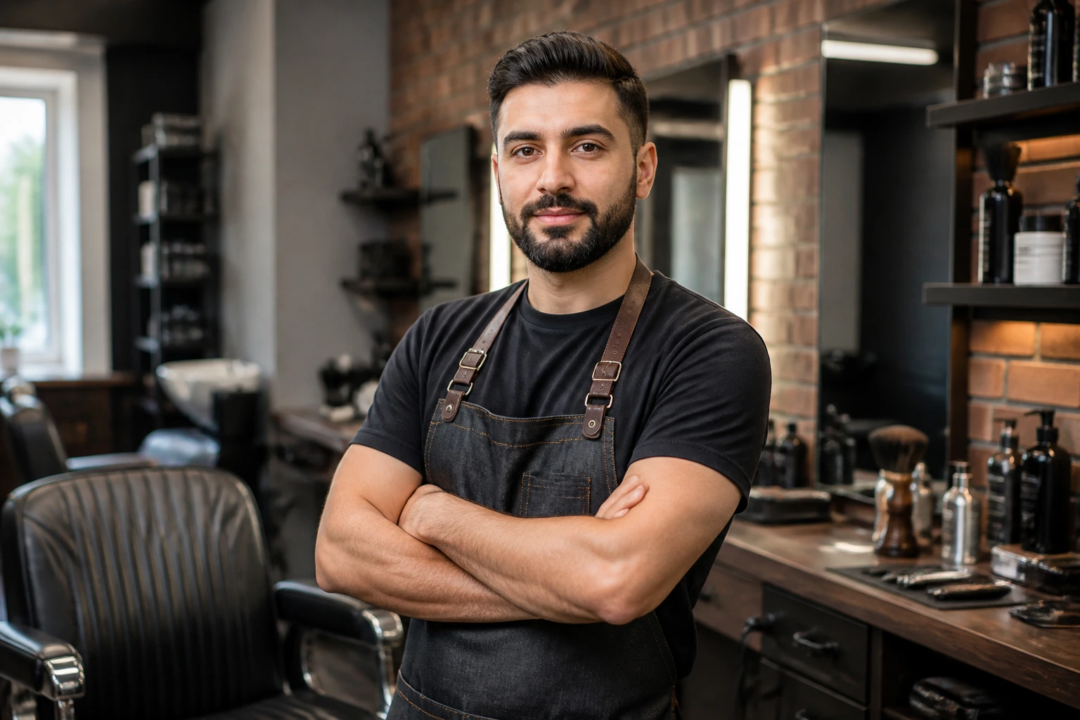 Barber in modern salon portraying visa sponsorship concept with calm professional look