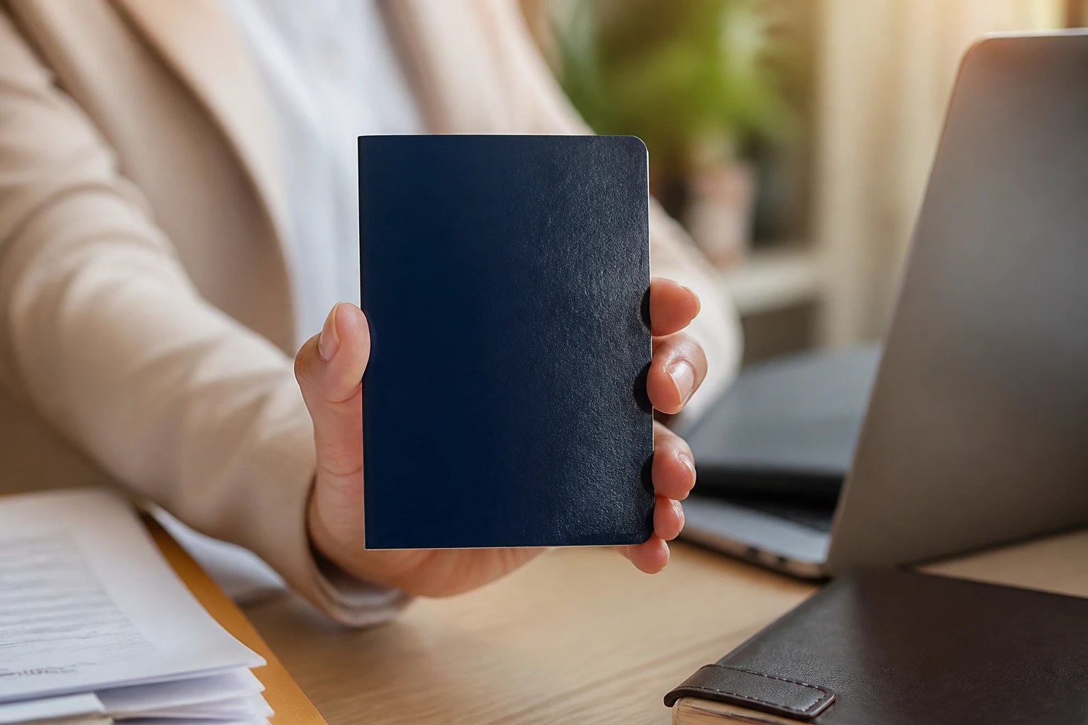 Close-up of a hand holding a blank passport-shaped card in an office setting