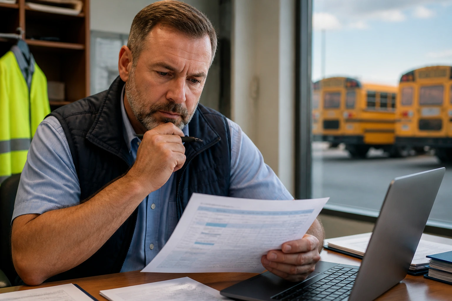 Bus driver in depot office examining documents, sponsorship context