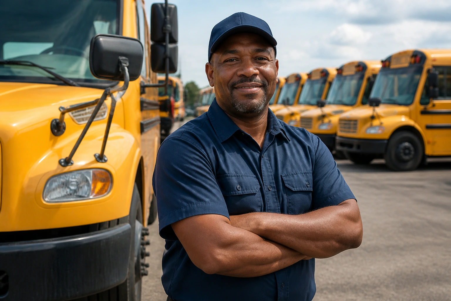 Bus driver in a busy yard illustrating visa sponsorship opportunity hotspots.