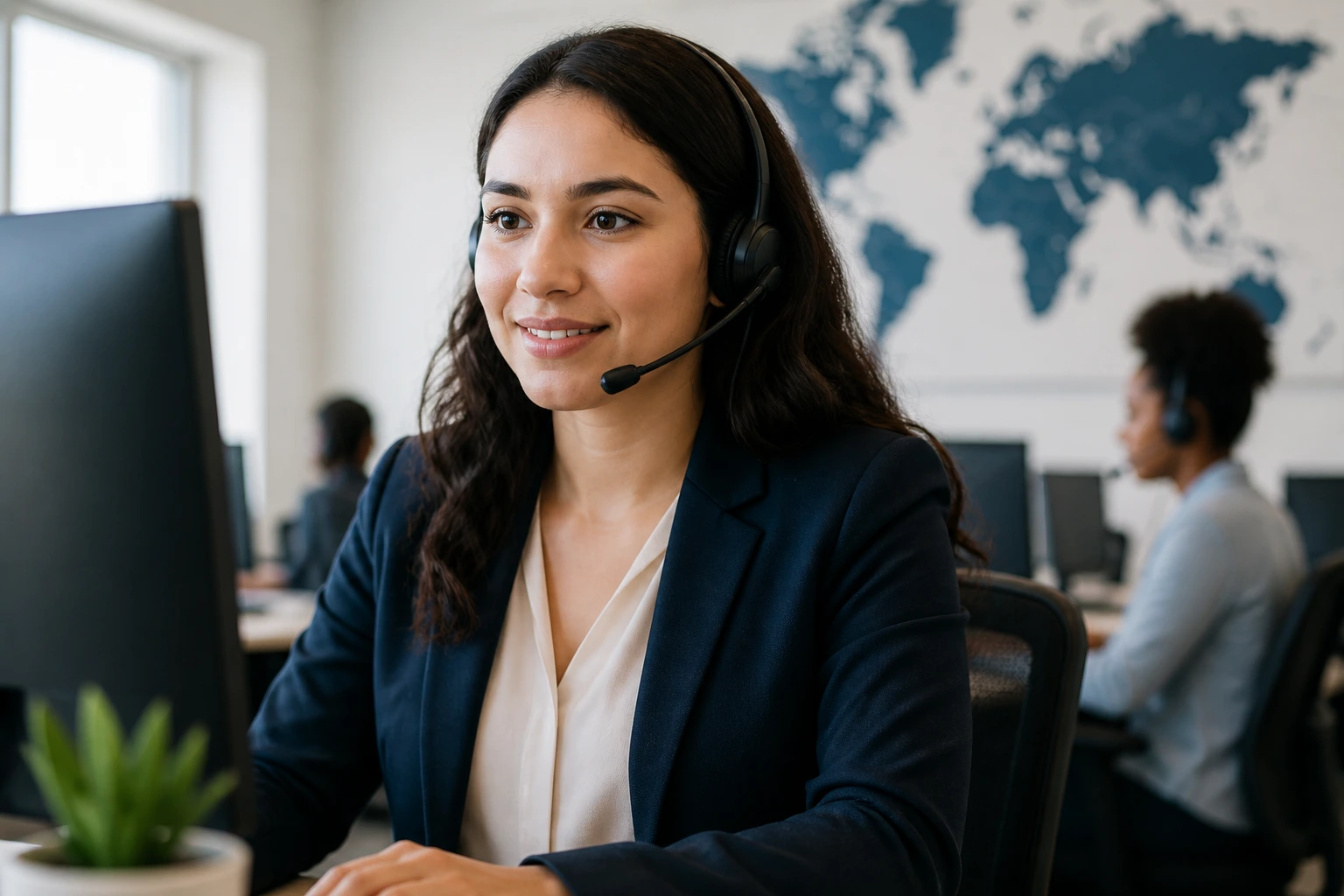 Real person wearing a headset at a desk in a modern office with a world map on the wall.