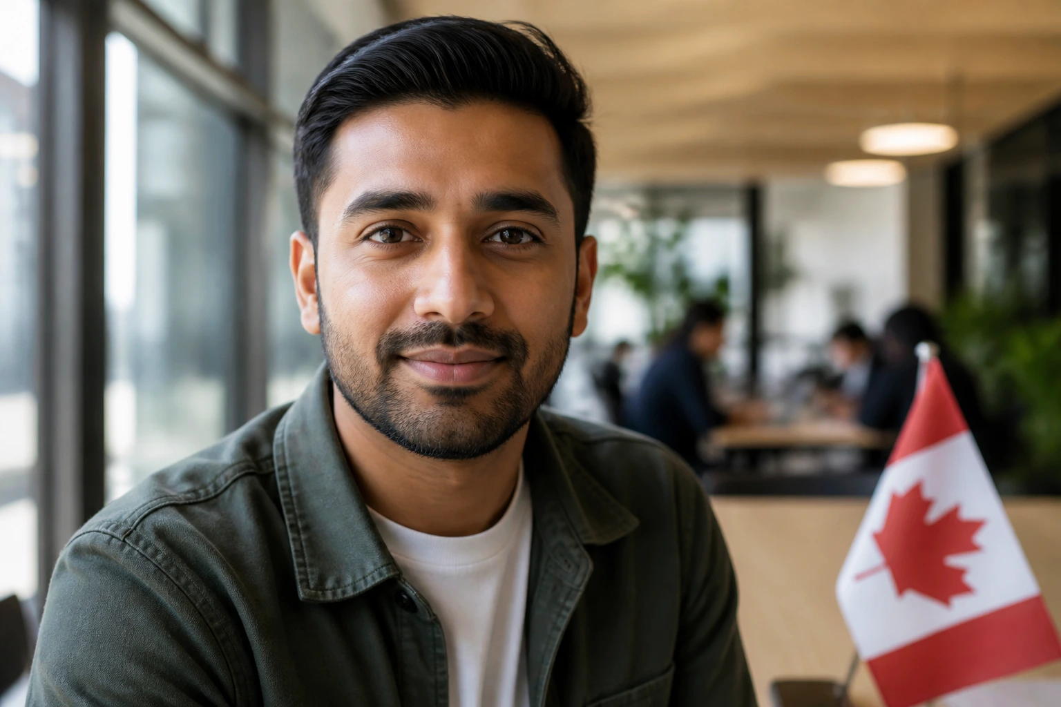 Close-up portrait in a modern workspace representing visa sponsorship in Canada