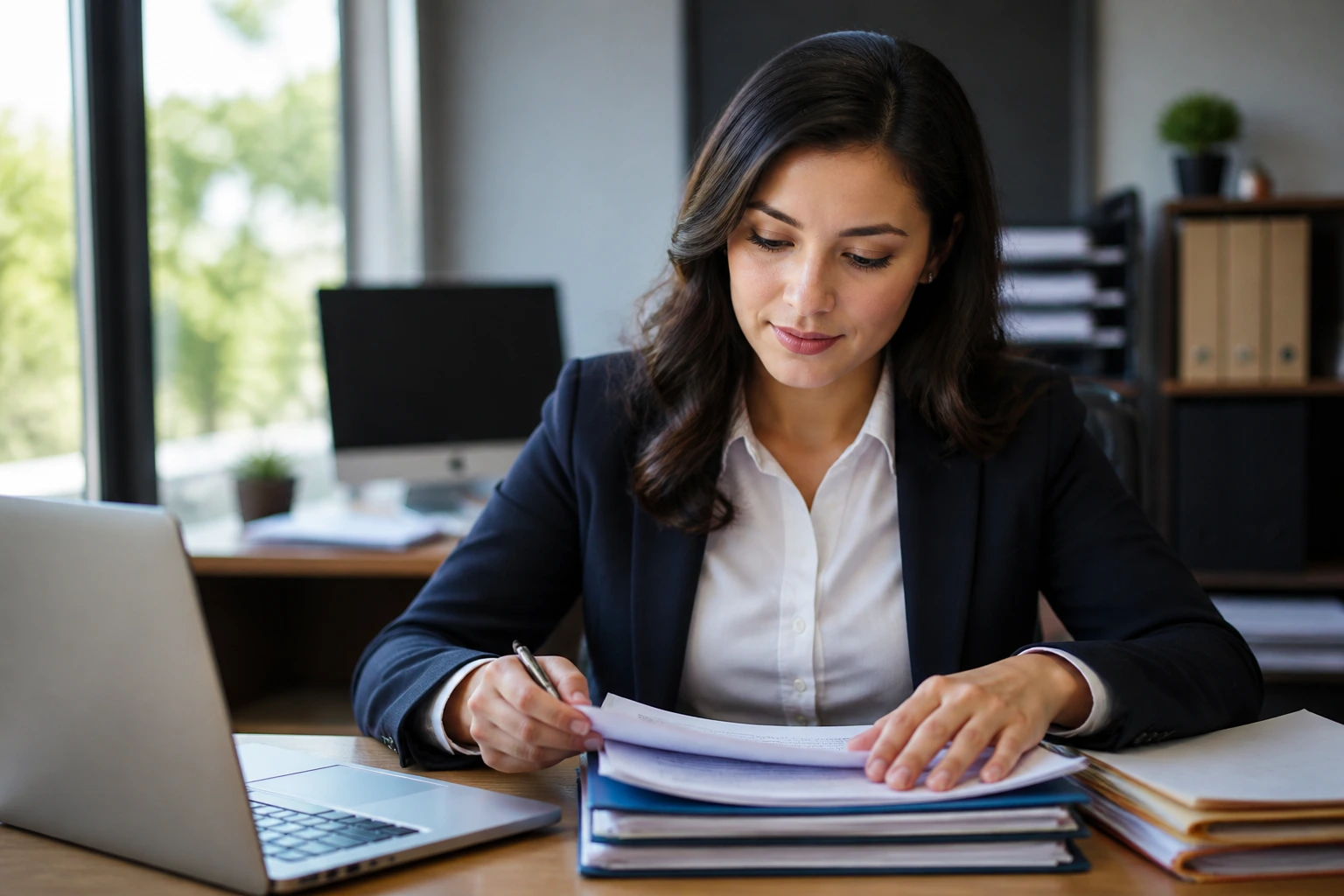 Close-up portrait of a professional in an office organizing documents to symbolize visa sponsorship in Canada