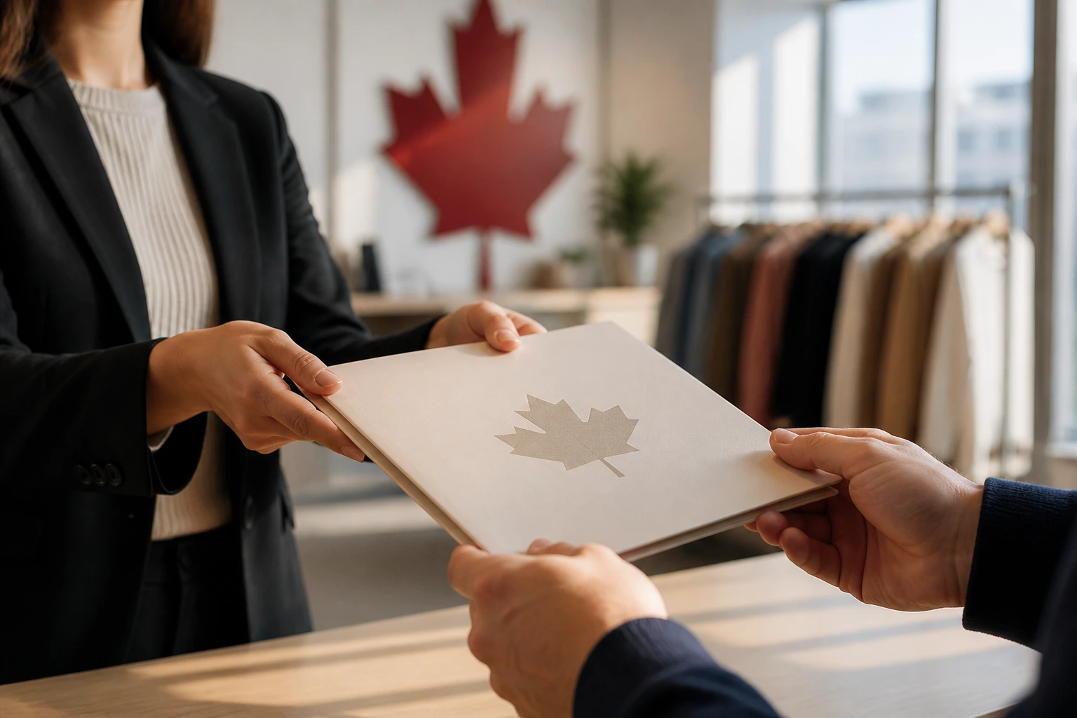 Close-up of hands exchanging a document with maple leaf emblem, symbolizing sponsorship in Canada