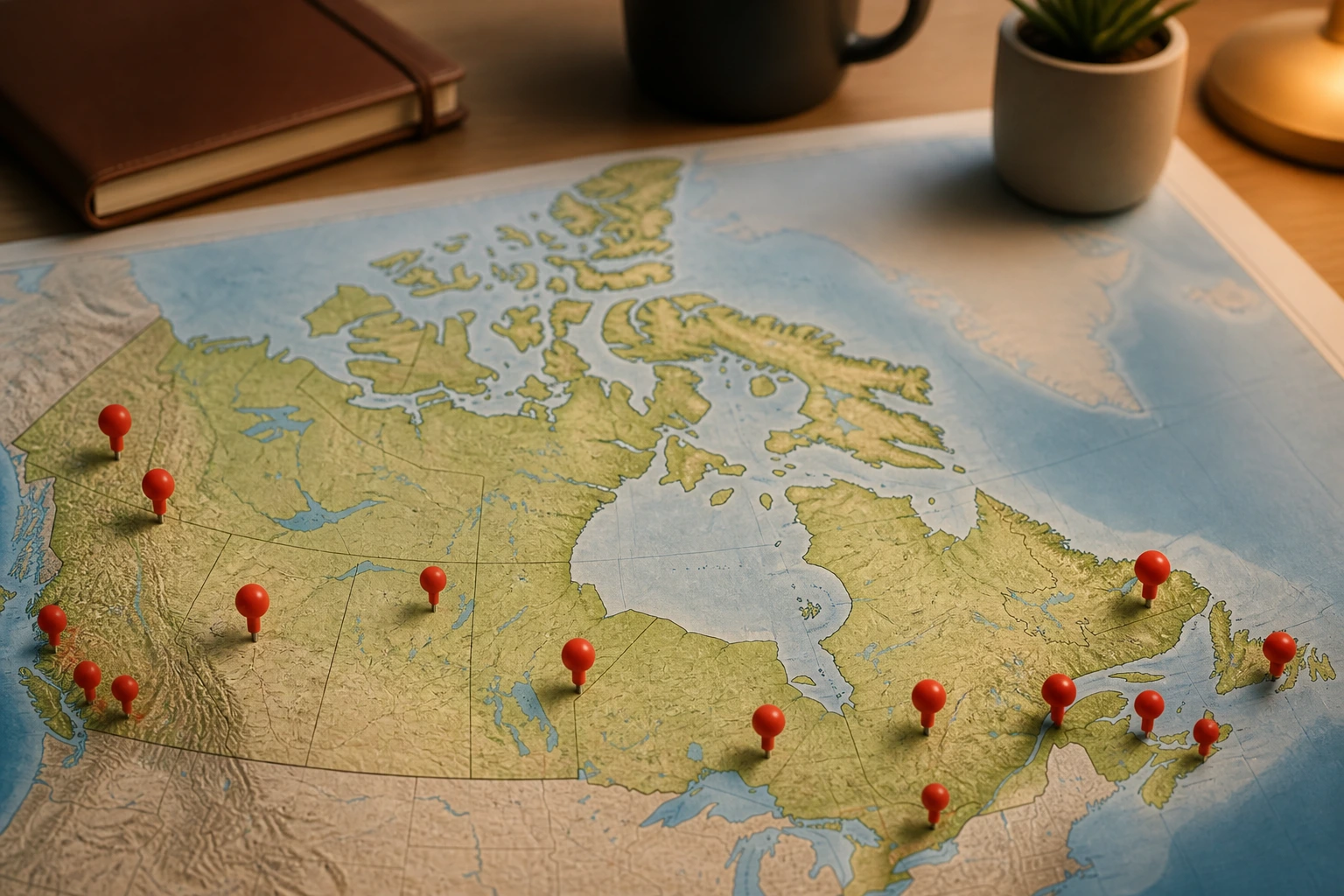 Desk map with pins indicating sponsorship hotspots in Canada