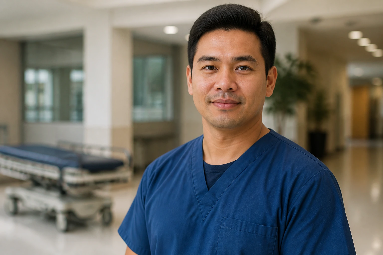 Close-up of a hospital orderly in scrubs in a quiet lobby illustrating visa sponsorship concepts