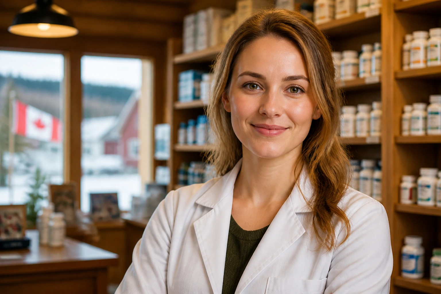Close-up portrait of a pharmacist in a rural Canadian community pharmacy