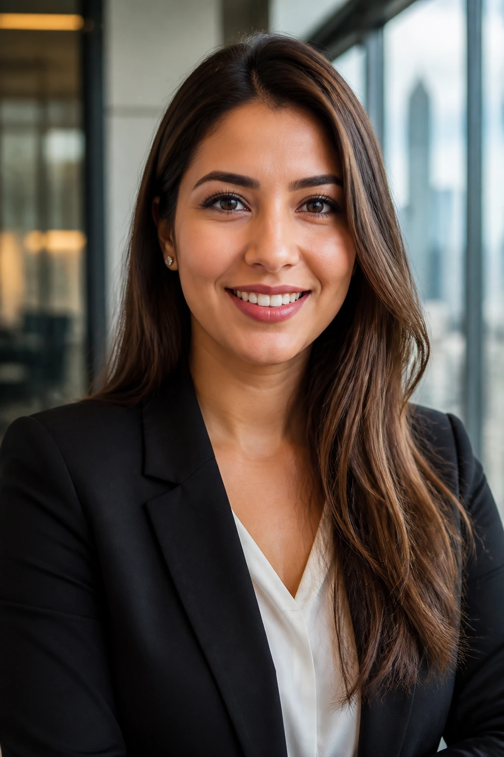 Close-up portrait of a professional adult representing visa-sponsored jobs in Canada in a bright office