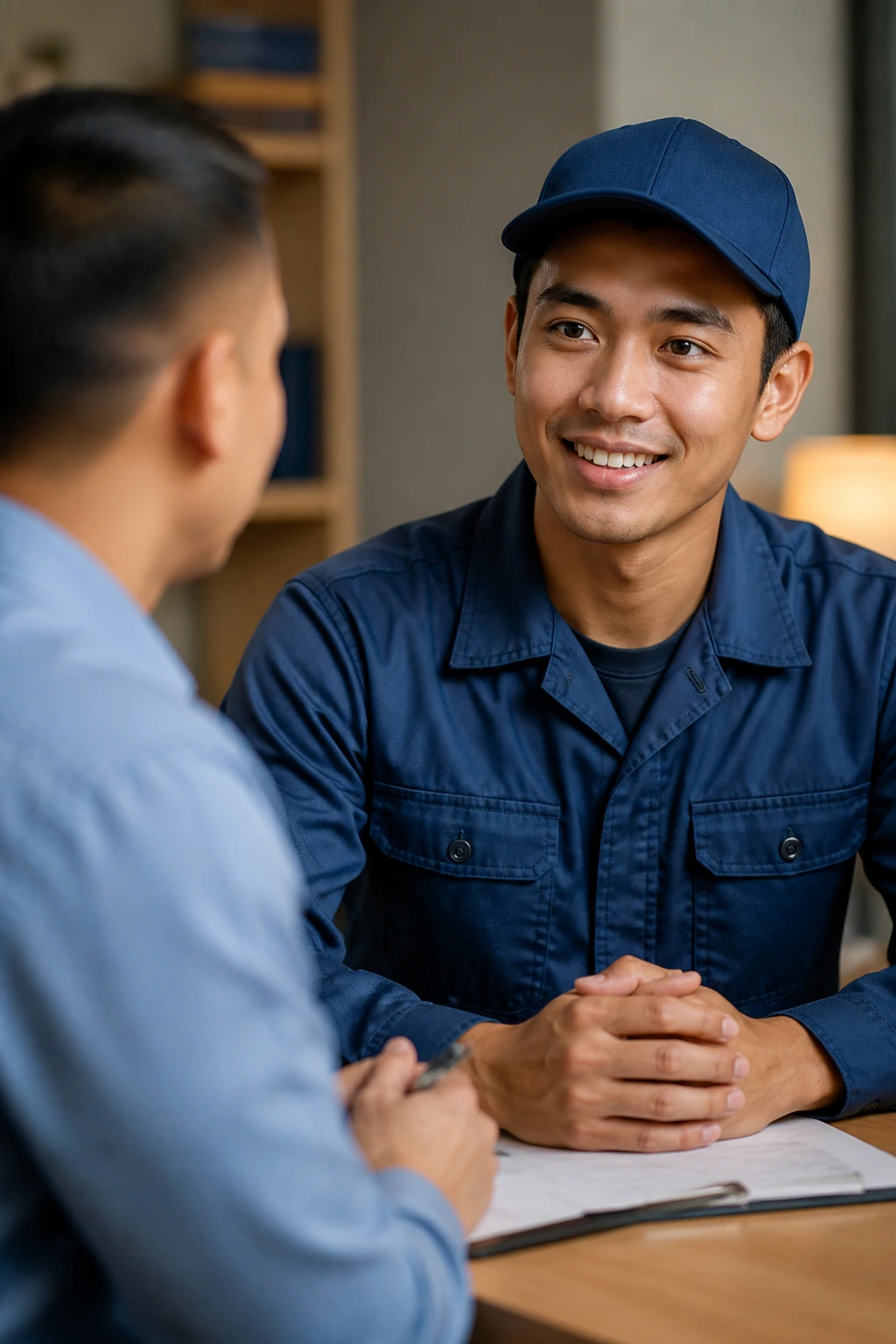 Person in car wash uniform in discussion with supervisor in office area