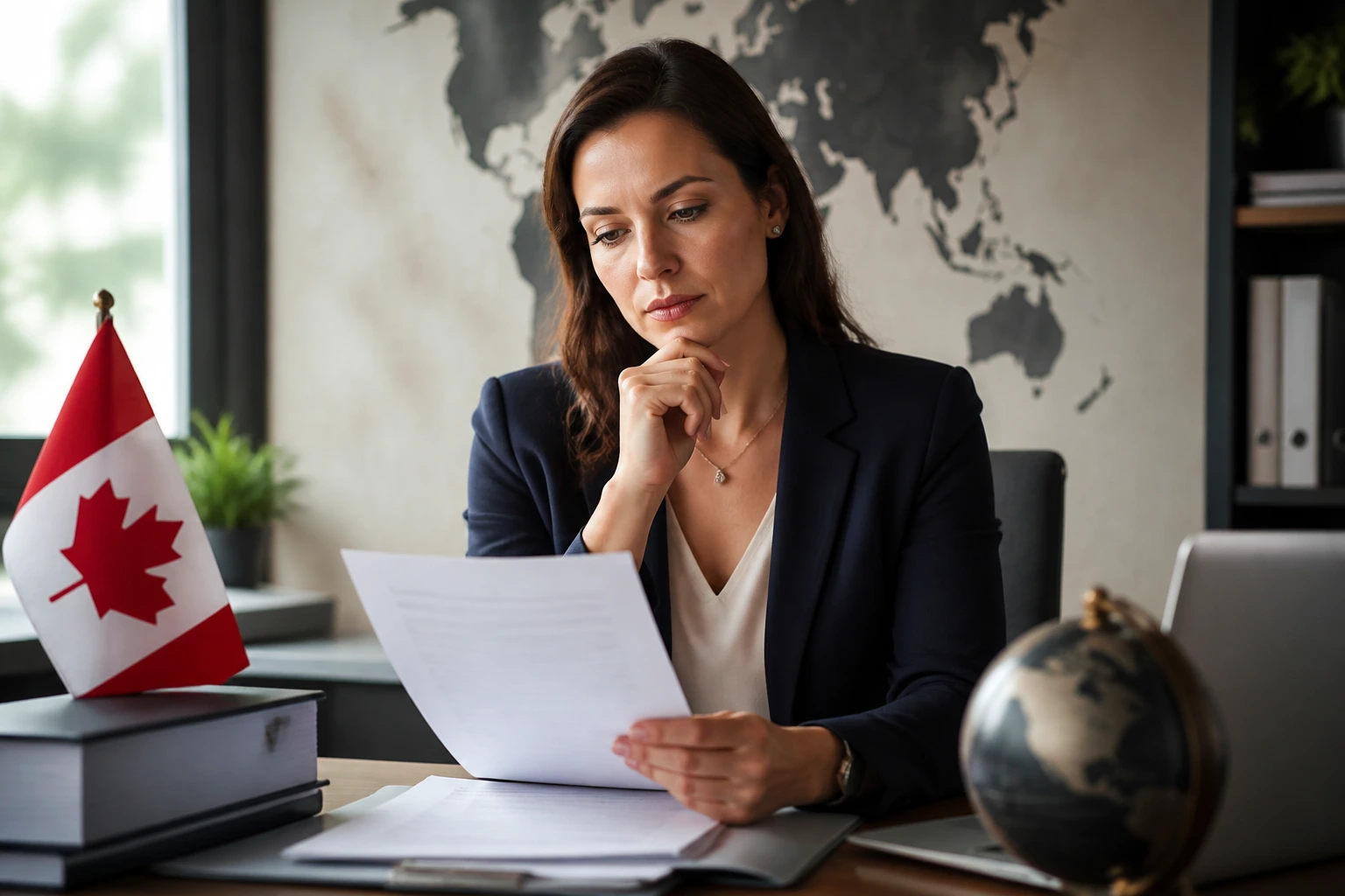 Person contemplating visa sponsorship categories in an office with a map