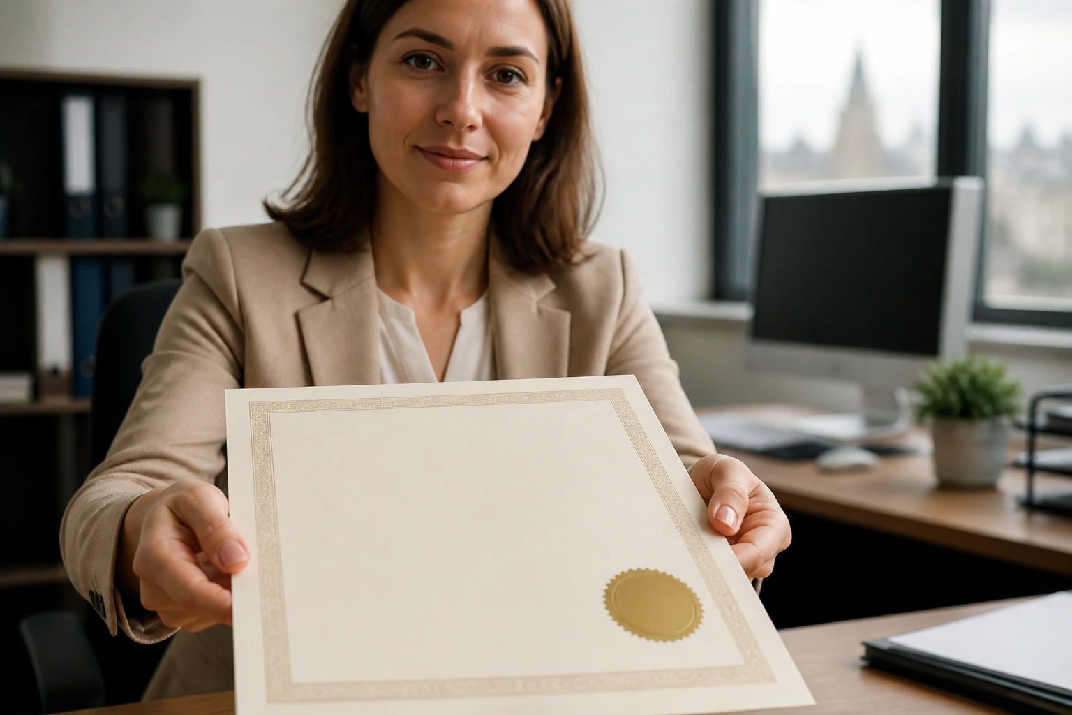 Close-up of a real person holding a generic certificate-like document symbolizing visa sponsorship in an office
