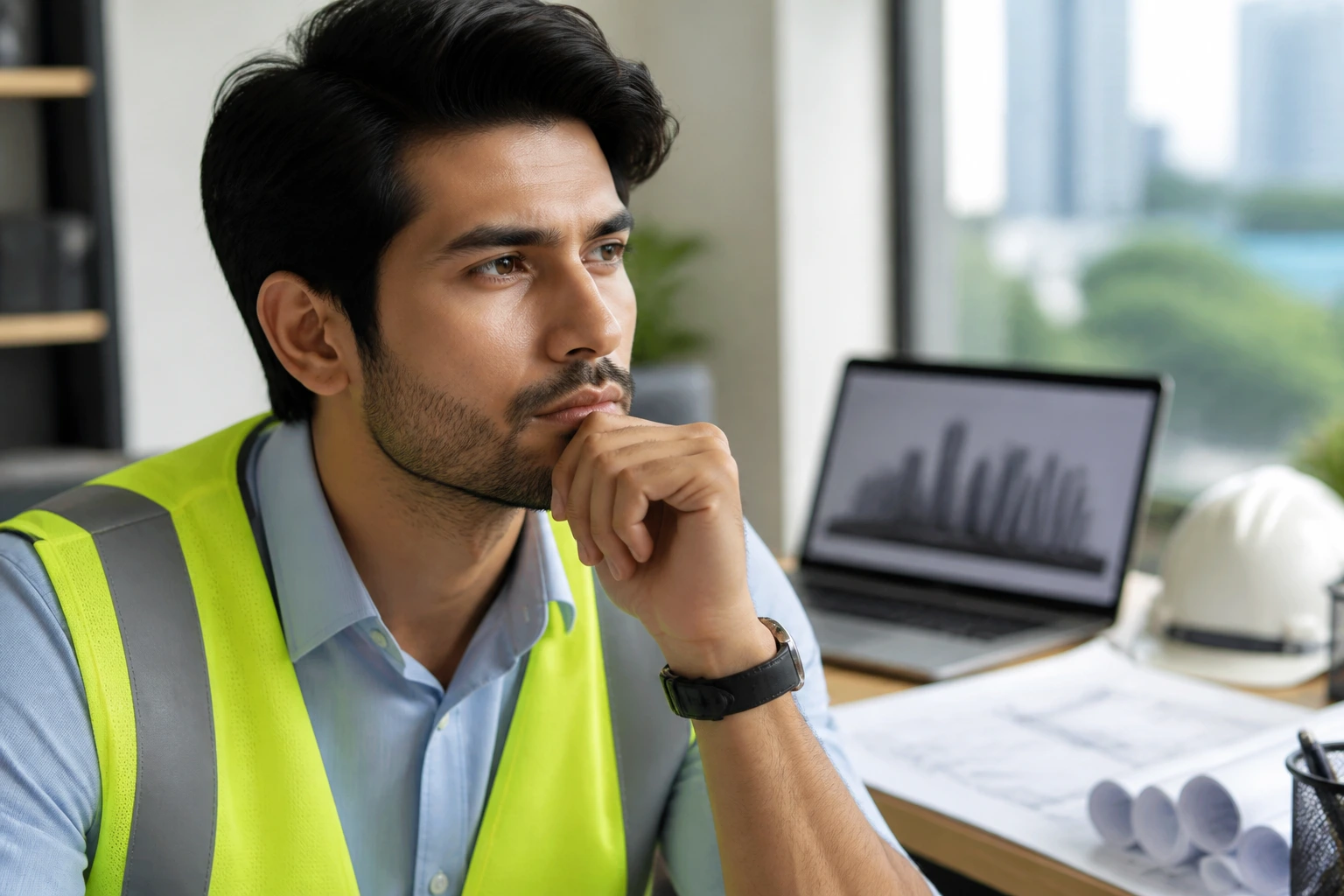 Close-up portrait of a civil engineer contemplating sponsorship details in an office