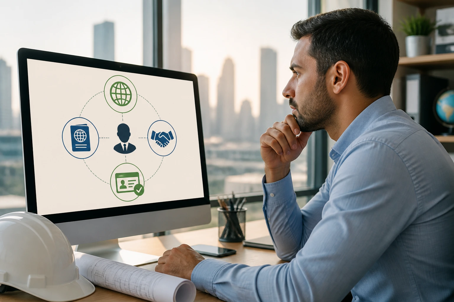 Professional reading a computer screen with sponsorship icons in an office
