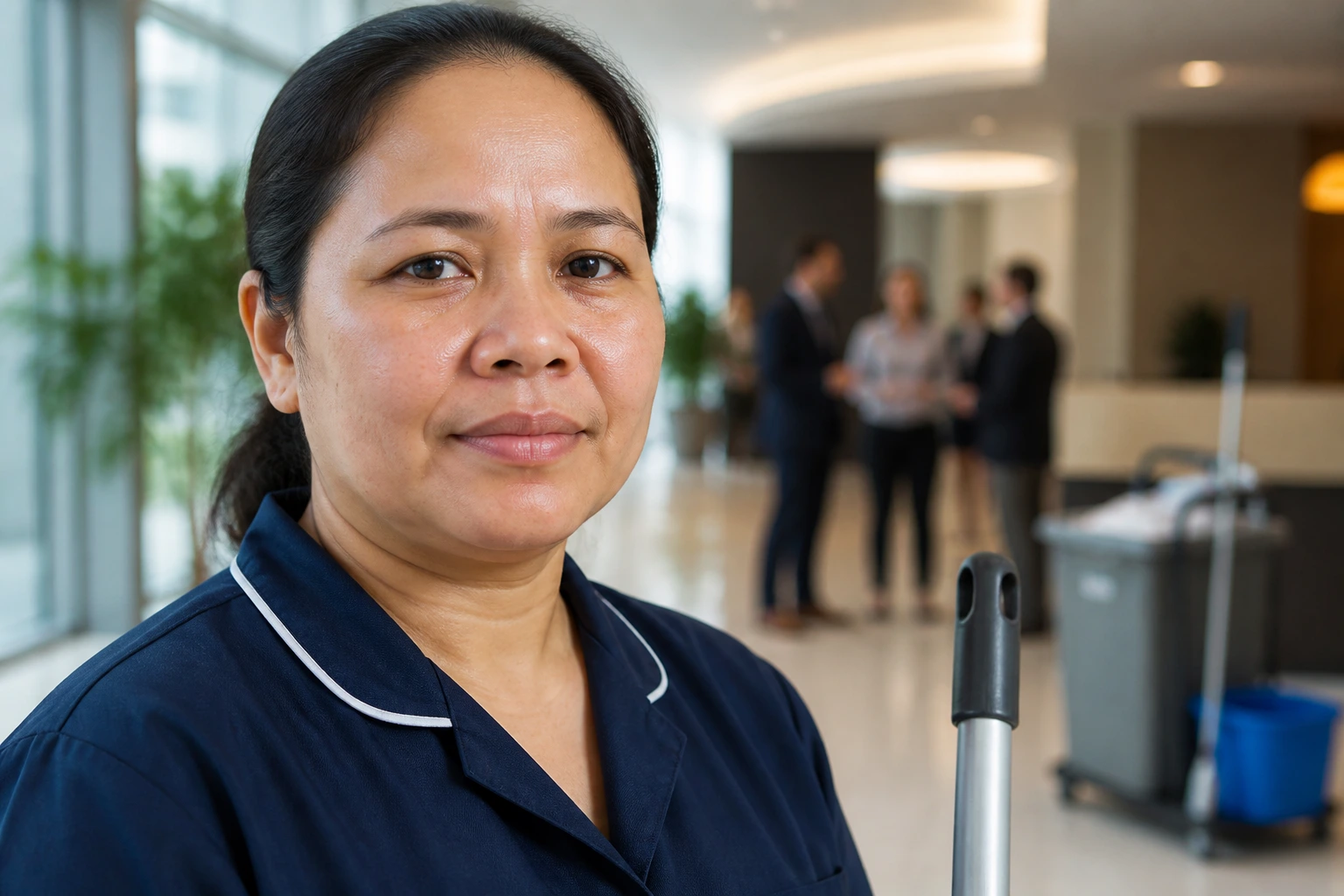 Portrait of a cleaner in uniform in an office lobby highlighting sponsorship realities