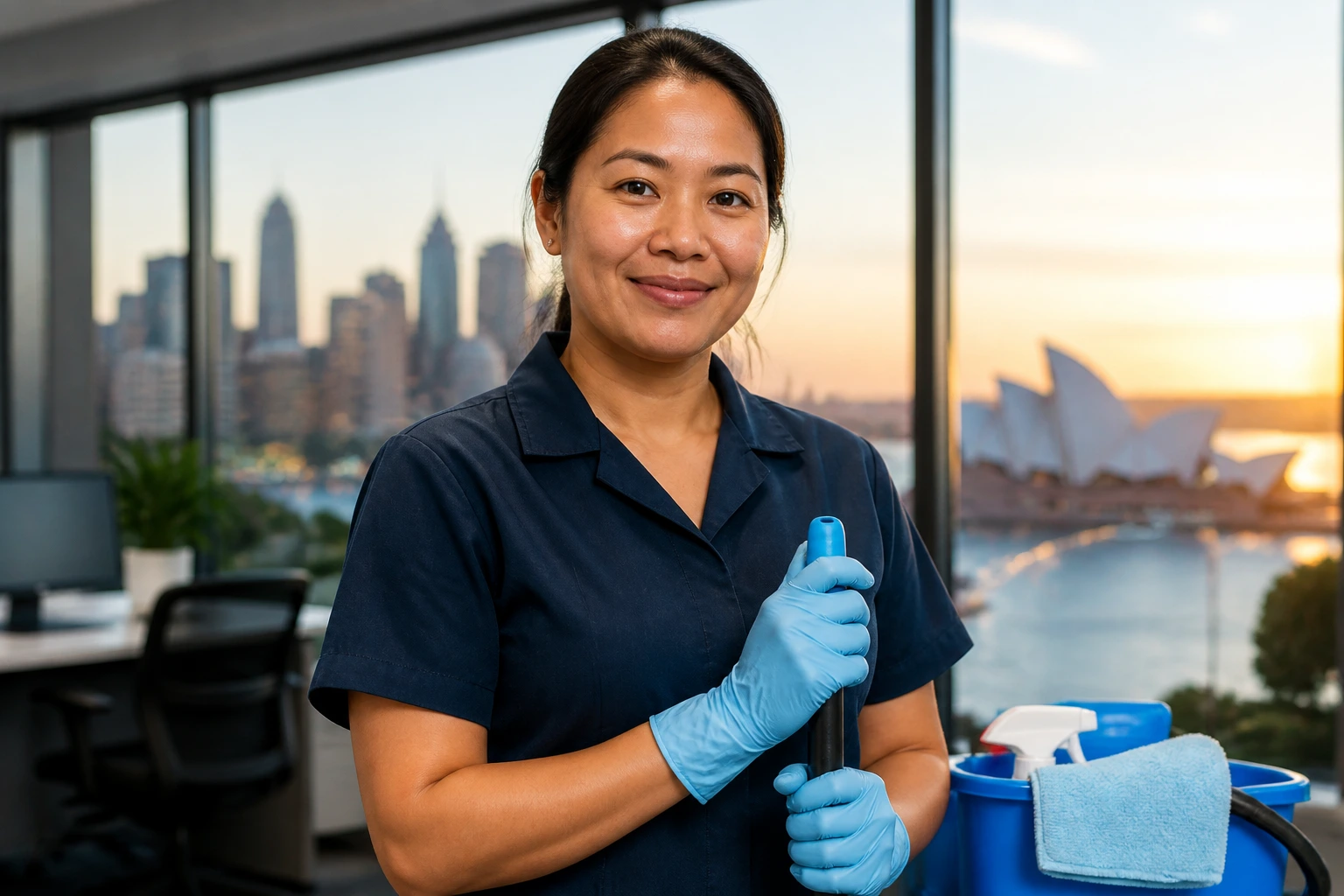 Portrait of a cleaner in office reflecting visa sponsorship pathways