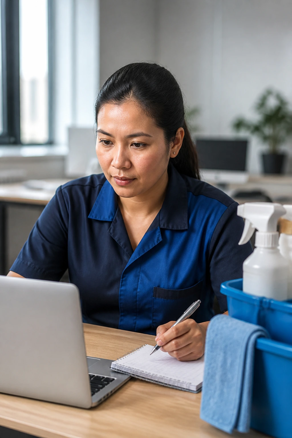 Cleaner at desk with laptop planning visa steps in a modern office