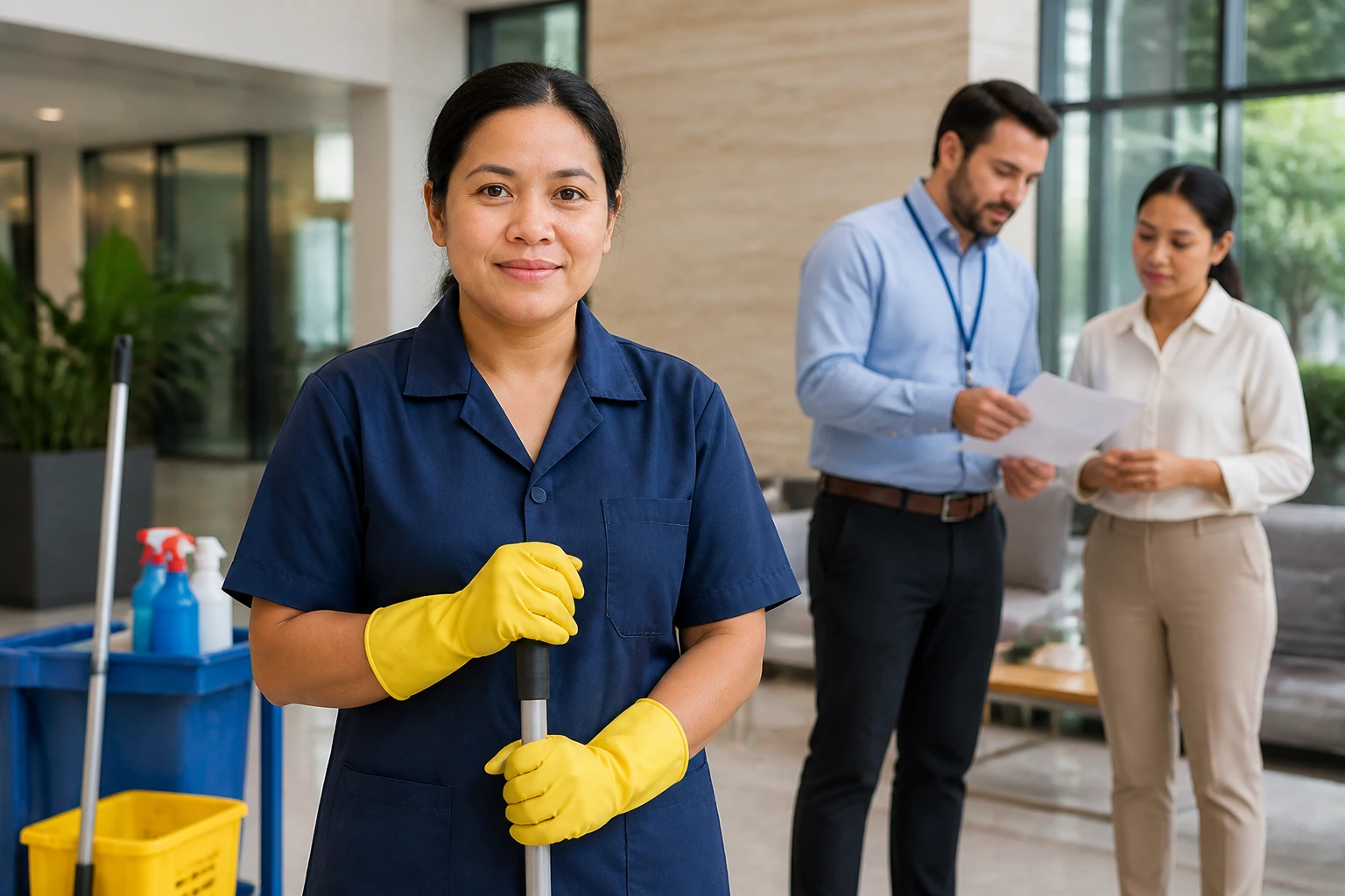Cleaner in uniform in an office lobby with supervisor, illustrating visa sponsorship concept