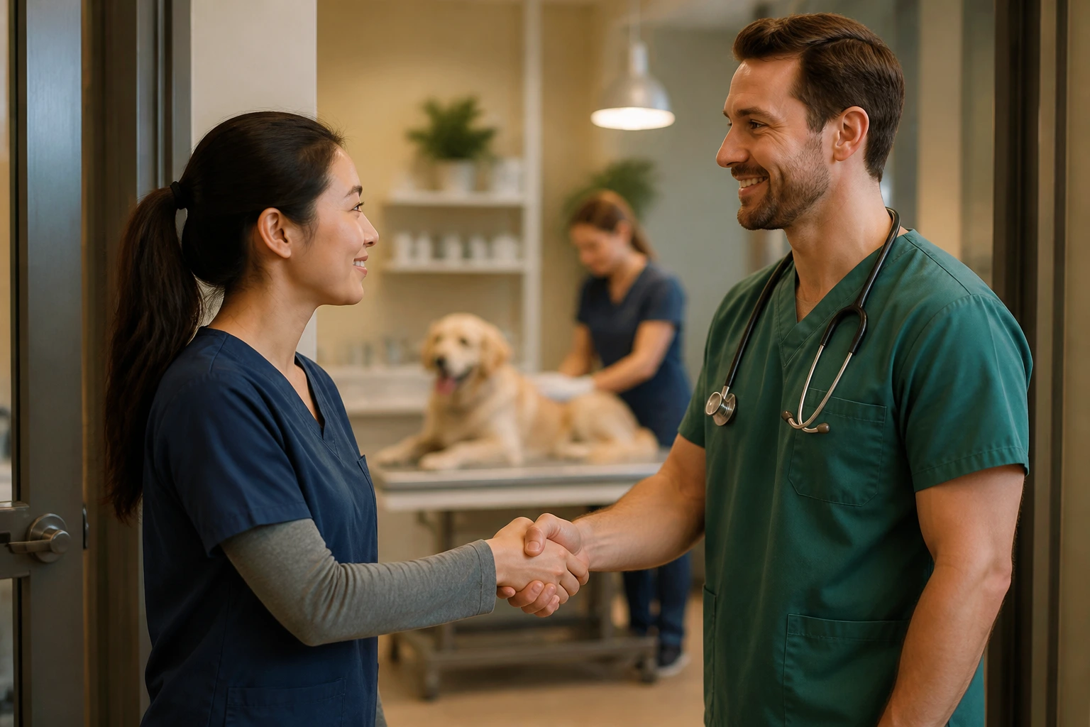 Handshake between two veterinary clinic staff symbolizing visa sponsorship
