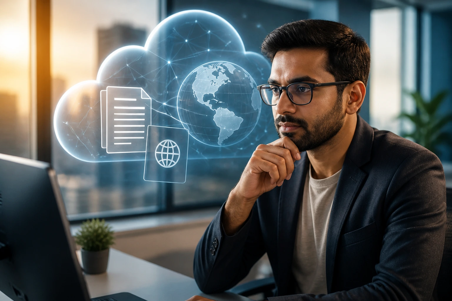 Close-up portrait showing a professional with cloud and globe motifs to imply visa sponsorship in a corporate setting
