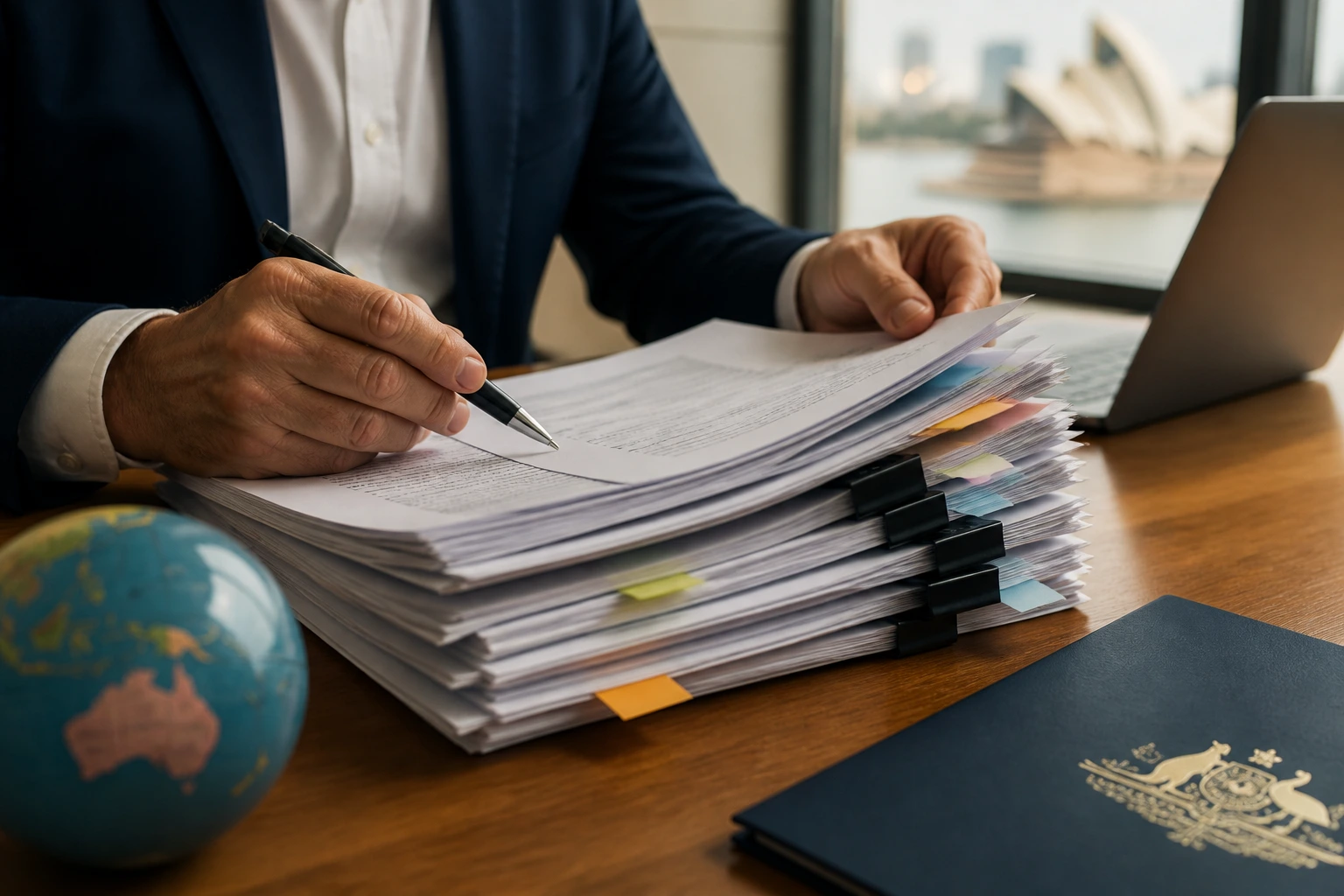 Close-up of a migration agent evaluating complex visa sponsorship documents in a sunlit office