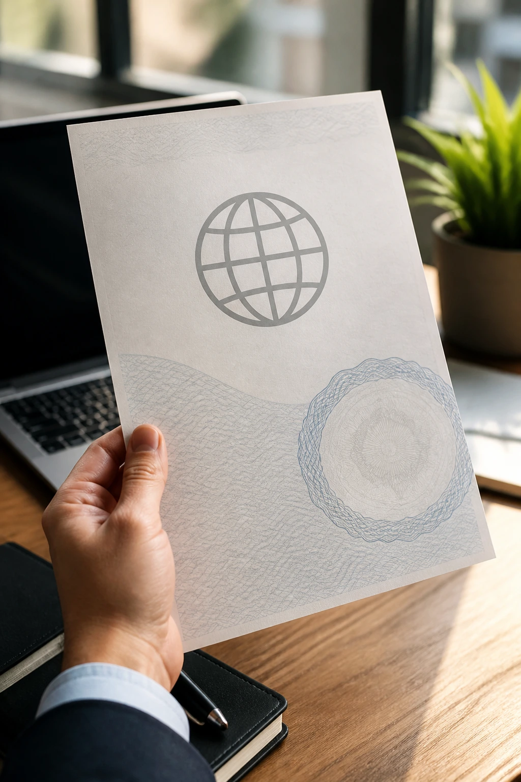 Close-up of a hand holding a document with a globe icon in an office desk setting