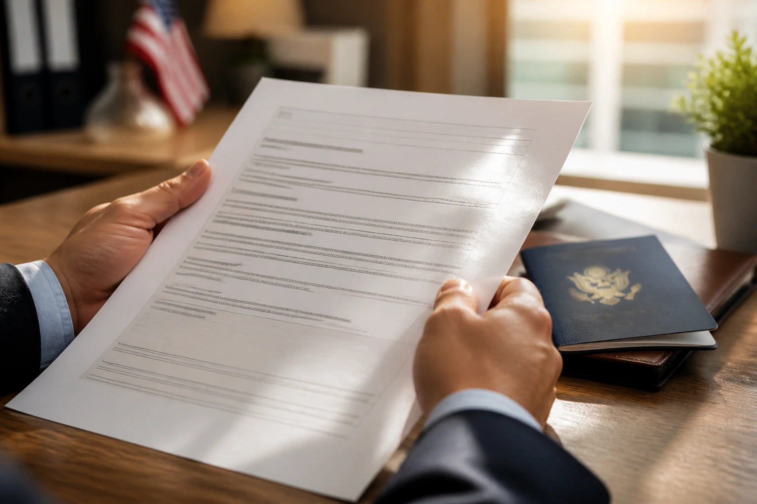 Close-up of hands with a contract and passport in warm office light