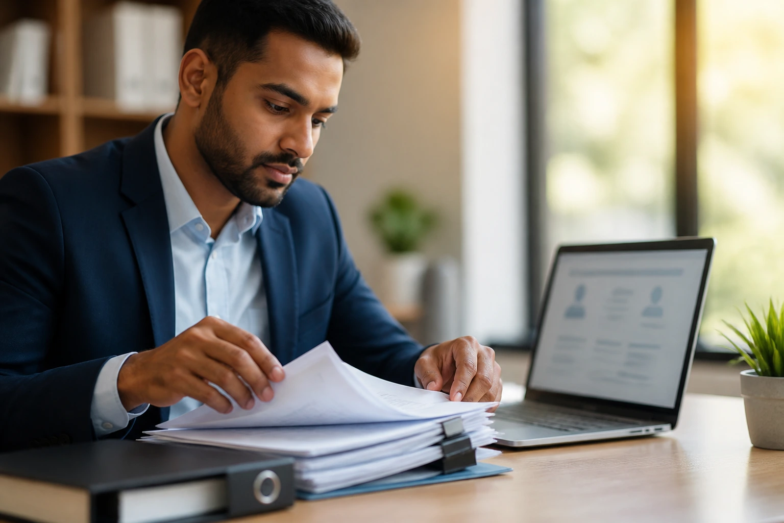 Professional navigating sponsorship process at desk with documents and laptop