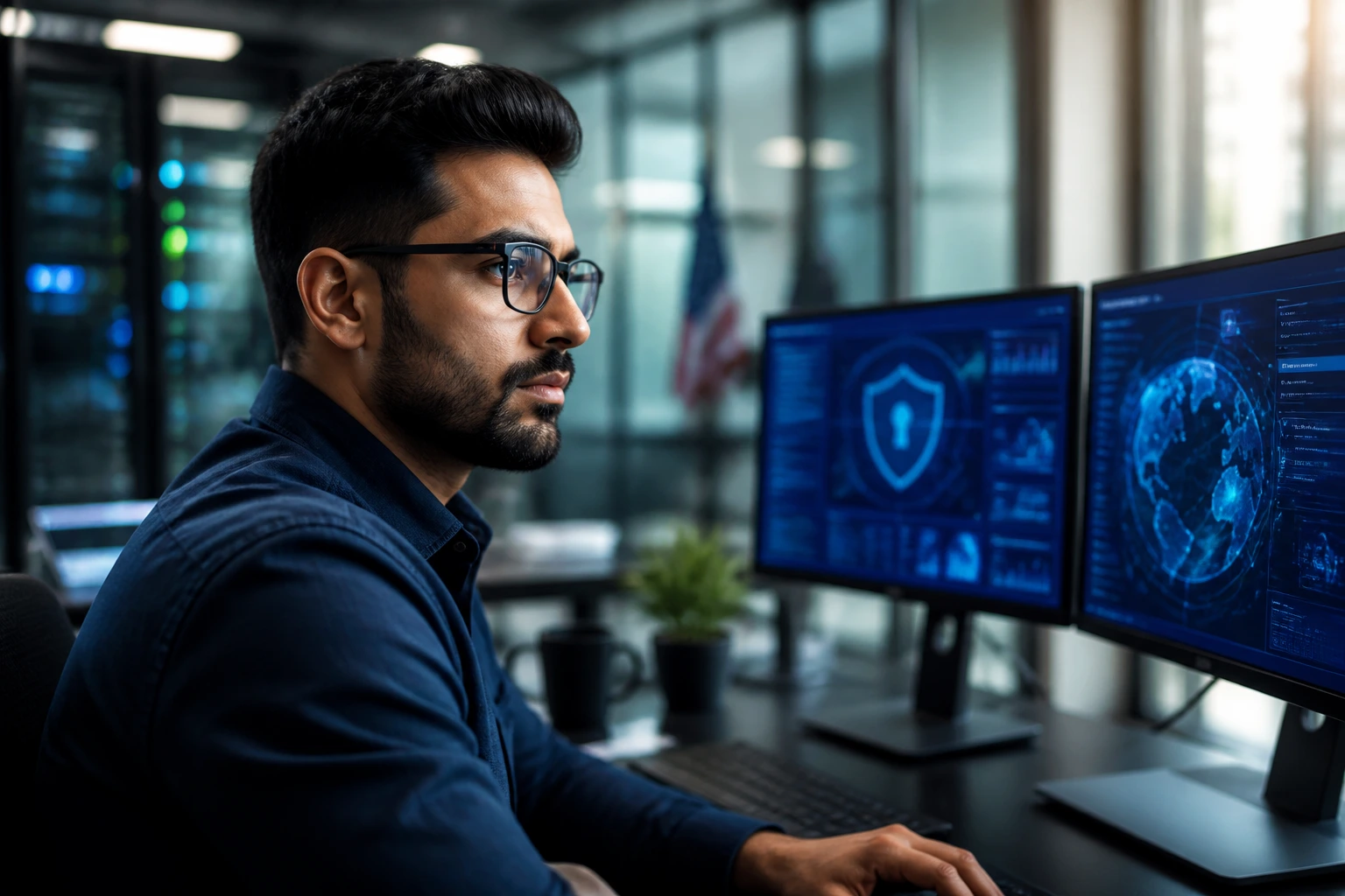 Close-up portrait of cybersecurity professional at desk with abstract dashboards